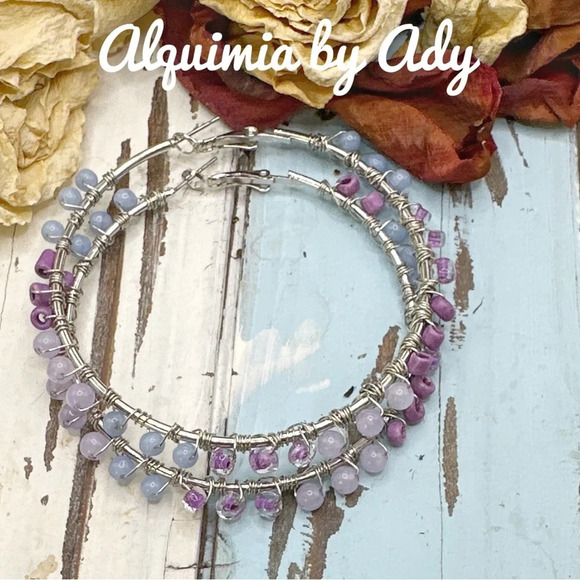 Aquamarine / purple jade silver big extra long wire wrapped hoops/hoop earrings - Picture 3 of 4